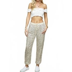 NEW LEVEE elastic waist band sequin joggers in champagne
